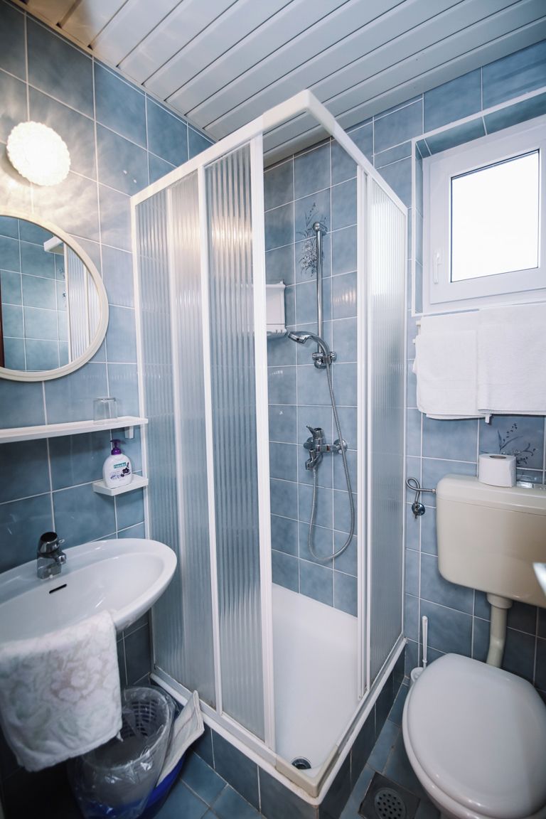 A bathroom with a shower enclosure, a sink, a toilet, and a mirror.