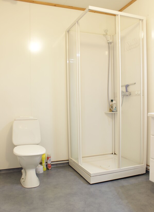 Un baño con inodoro blanco, cabina de ducha con puerta de cristal y suelo gris.