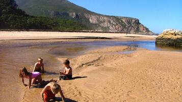 A sandy beach with rocky outcrops and a mountain in the background.