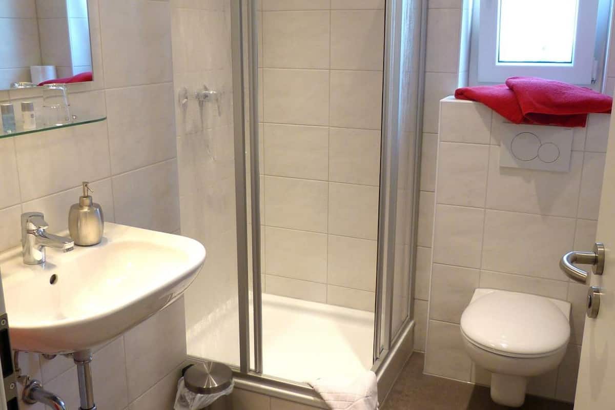 shower, free toiletries, hair dryer, towels