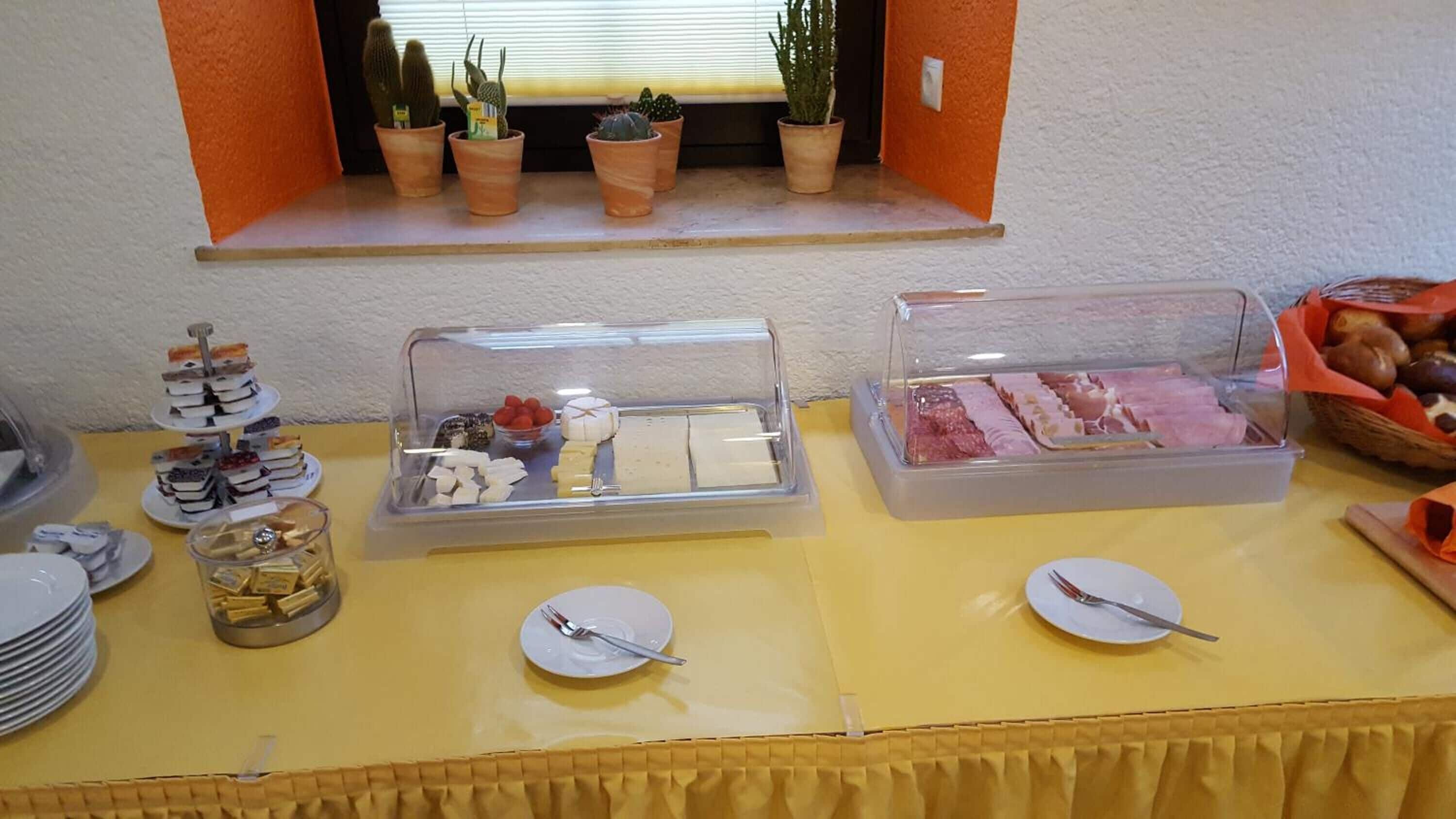 A buffet table with various food items, including desserts and pastries, and a window with potted plants.