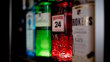Primer plano de varias botellas de ginebra sobre una estantería.