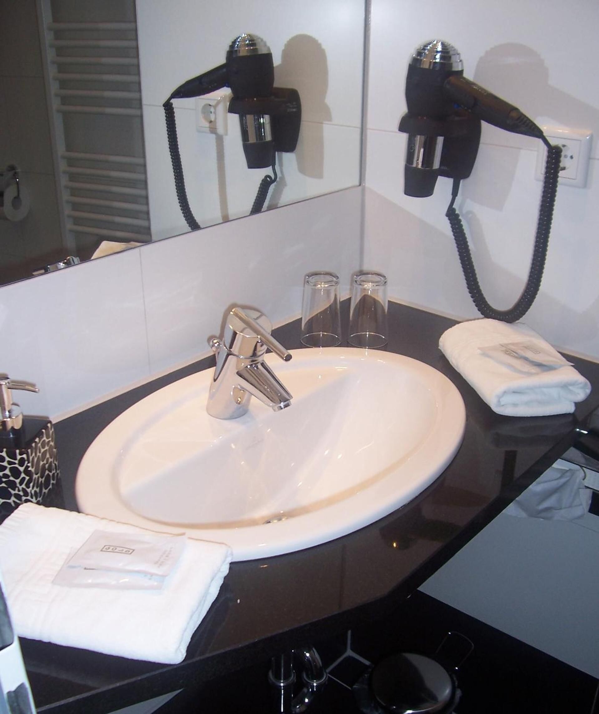 free toiletries, hair dryer, towels