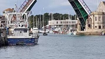 A harbor with boats docked, a bridge, and buildings in the background.