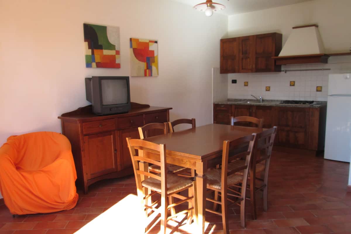 Uma área de refeições com uma mesa e cadeiras de madeira, uma televisão em um móvel, e uma cozinha ao fundo.
