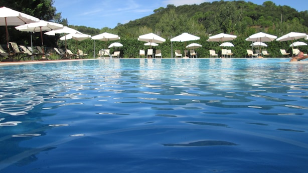 Ein Pool mit Liegestühlen und Sonnenschirmen, umgeben von viel Grün.