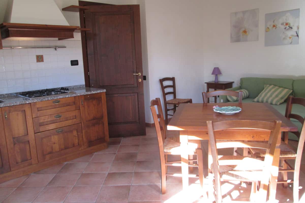 Uma cozinha com armários de madeira, piso ladrilhado, mesa de jantar com cadeiras e um sofá verde na sala de estar.