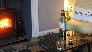 A cozy room with a fireplace, a table with a bottle of liquor and glasses, and a chair with a cushion featuring birds. - High Terrace Apartment (Grantown-on-Spey)