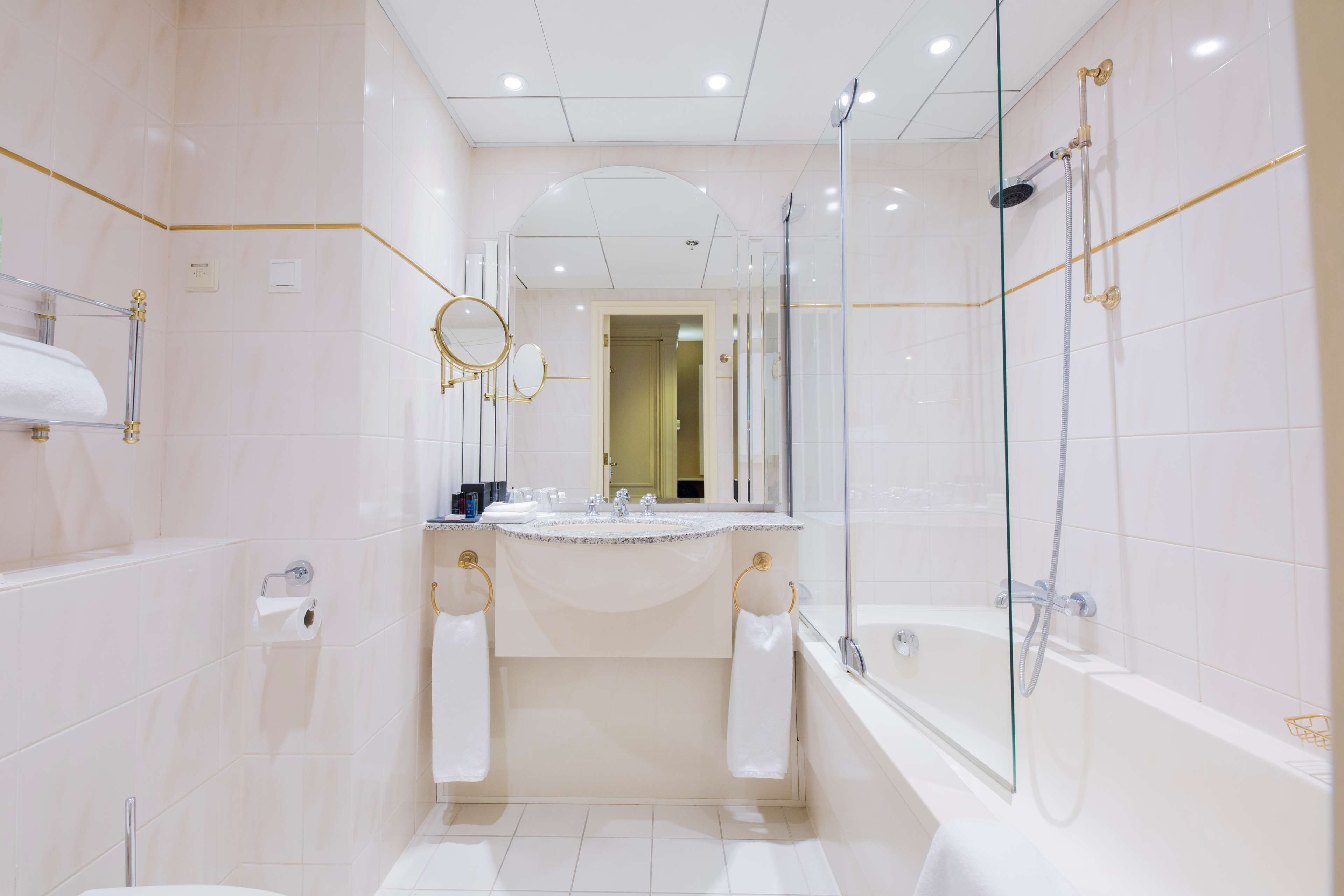 designer toiletries, hair dryer, dressing gowns, slippers