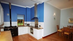 A modern kitchen with a stove, oven, microwave, and a large chimney. - Auchenheglish Lodges - The Coachhouse (Alexandria)
