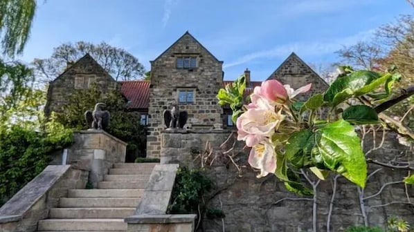 A stone building with a staircase leading up to a door, surrounded by greenery and a pink flower in the foreground.