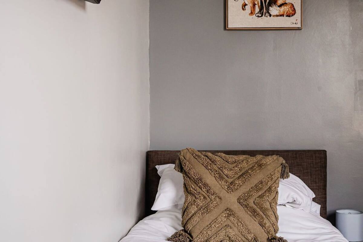 A hotel room with a bed, a TV mounted on the wall, and a painting of foxes.
