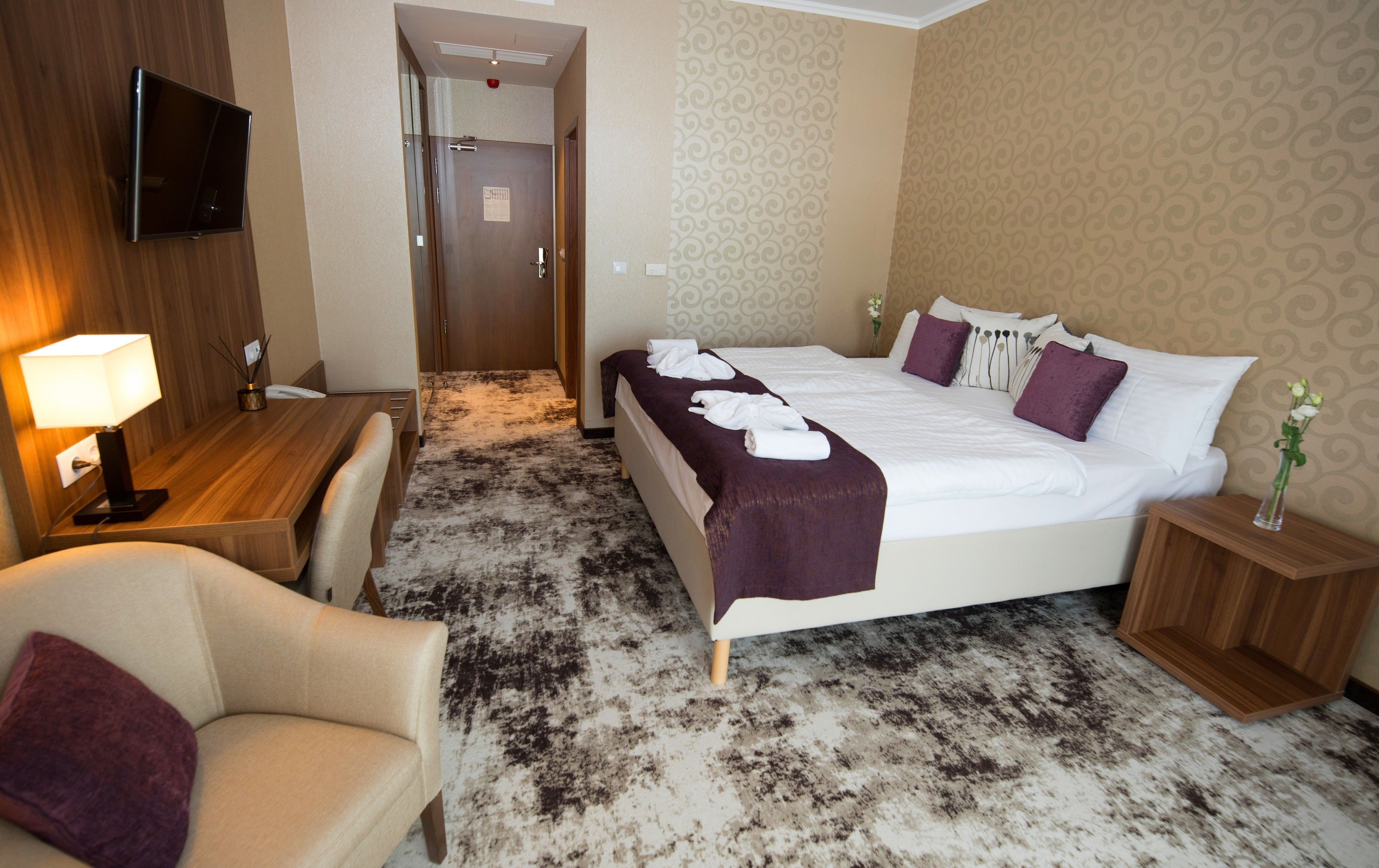 A hotel room with a bed, a chair, a desk, a TV, and a carpeted floor.