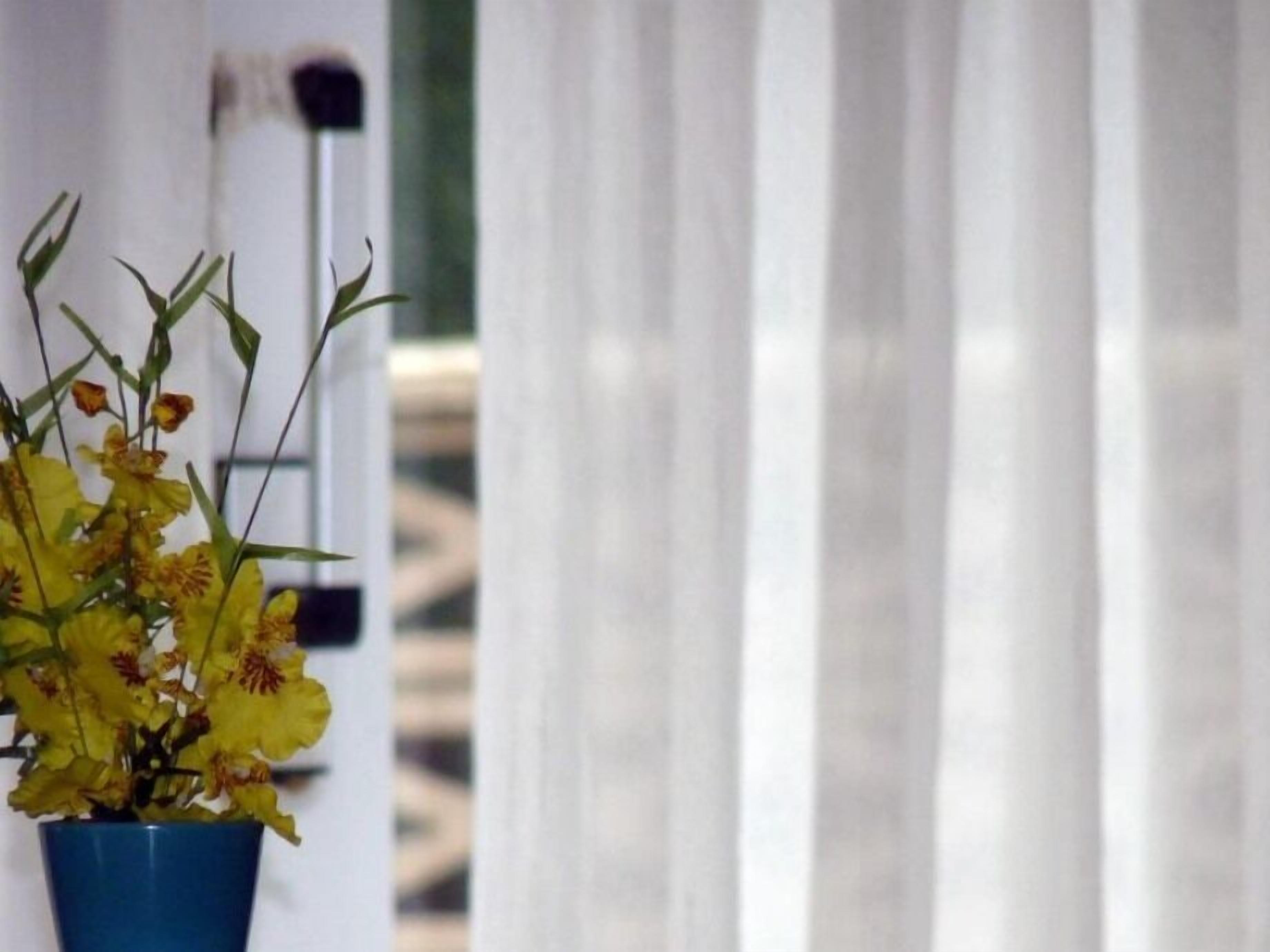 A blue vase with yellow flowers on a window sill.