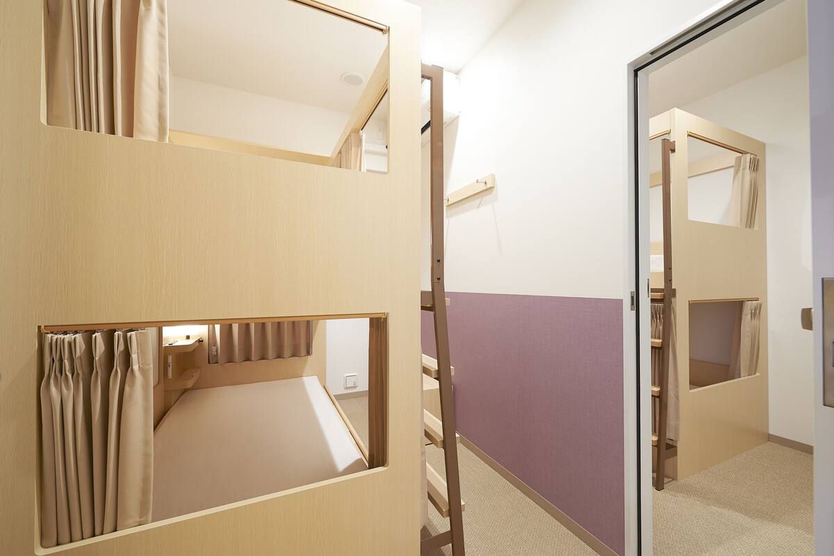 A room with bunk beds, a purple partition, and a wooden ladder.