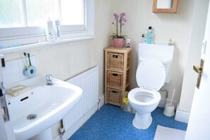 Une salle de bain avec un lavabo blanc, des toilettes et un sol carrelé de bleu. On y trouve des paniers en osier et une orchidée en pot, placés sur une étagère.
