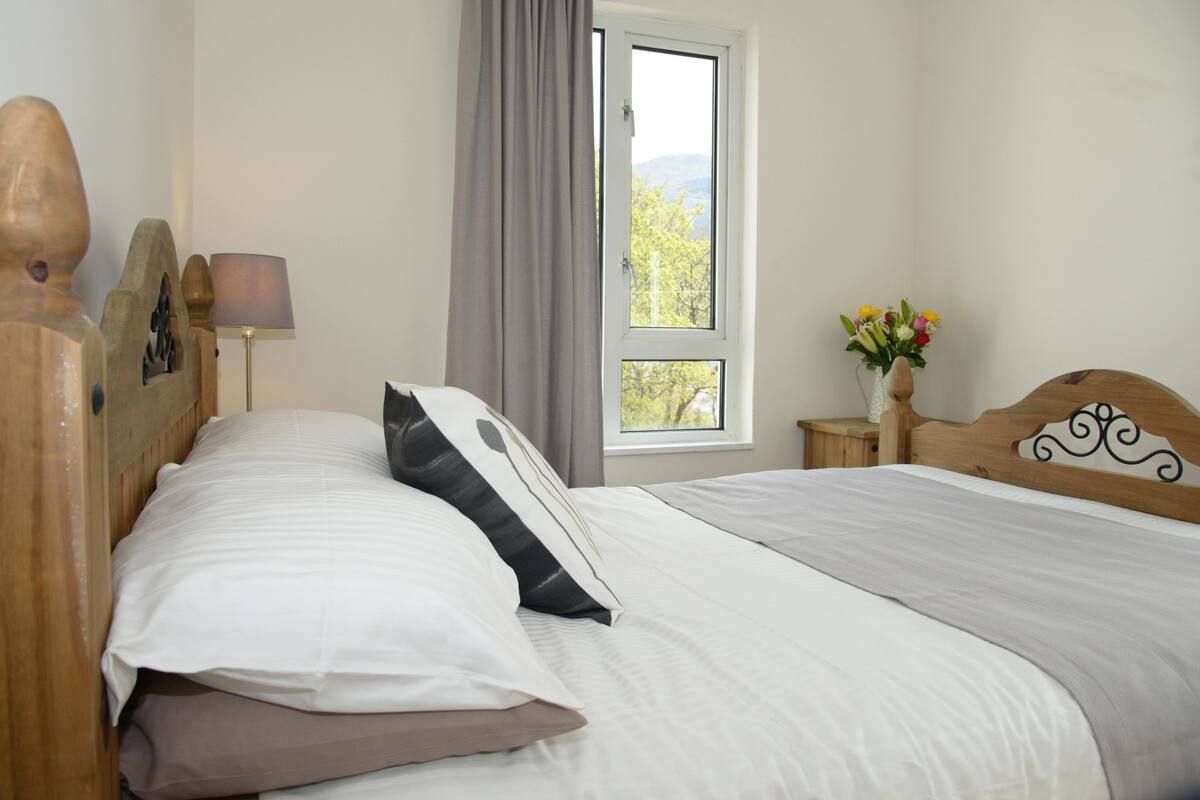 A bedroom with two beds, a window with a view, a bedside table with a lamp, and a vase with flowers.