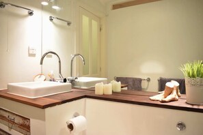 A bathroom with two sinks, a mirror, a towel rack, and a potted plant. - Beautiful Canalside 1-bedroom Flat With Terrace (London)