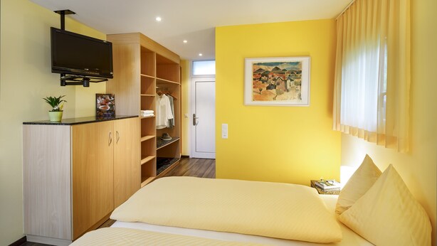Een slaapkamer met een bed, een aan de muur bevestigde televisie, een kledingkast en een schilderij.