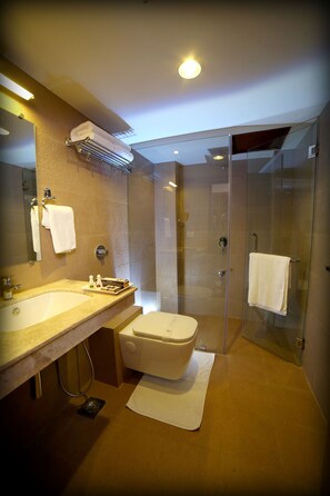 Standard-Doppelzimmer | Badezimmer | Dusche, Hausschuhe, Handtücher