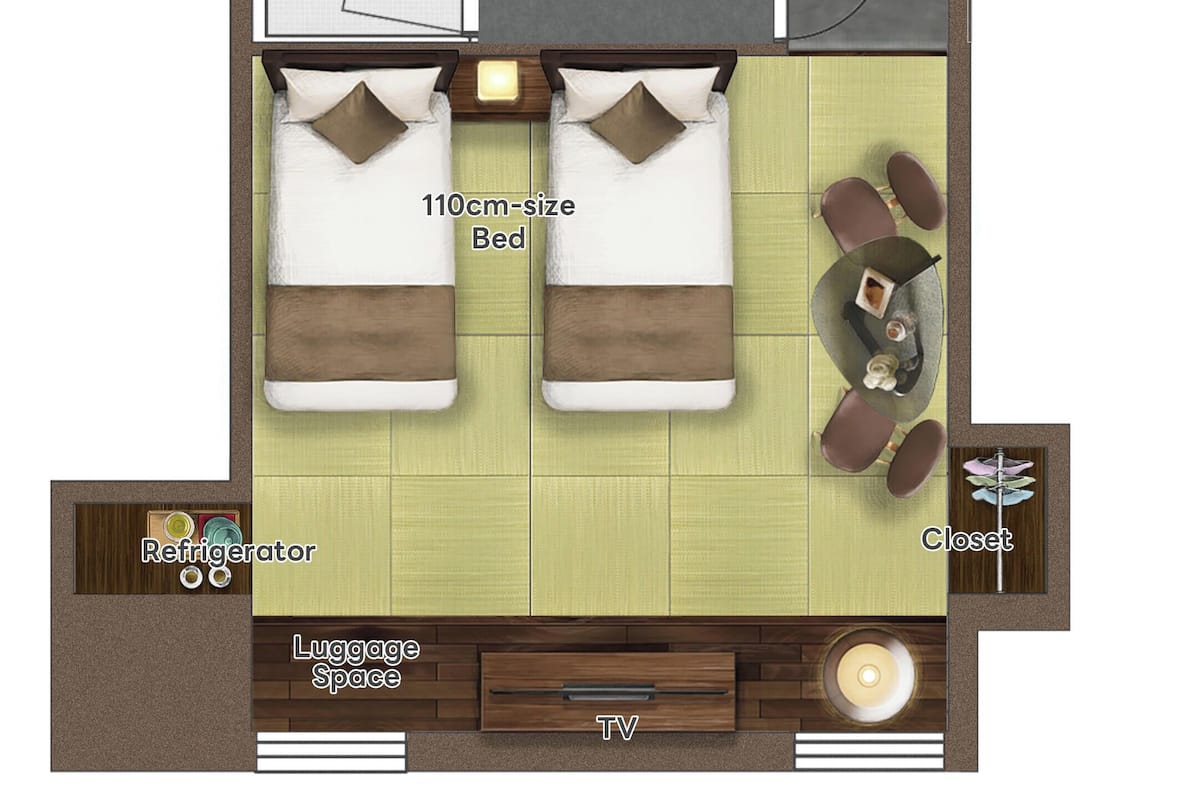 Una cama de 110 centímetros, un inodoro, una bañera, un televisor, un refrigerador y un armario.