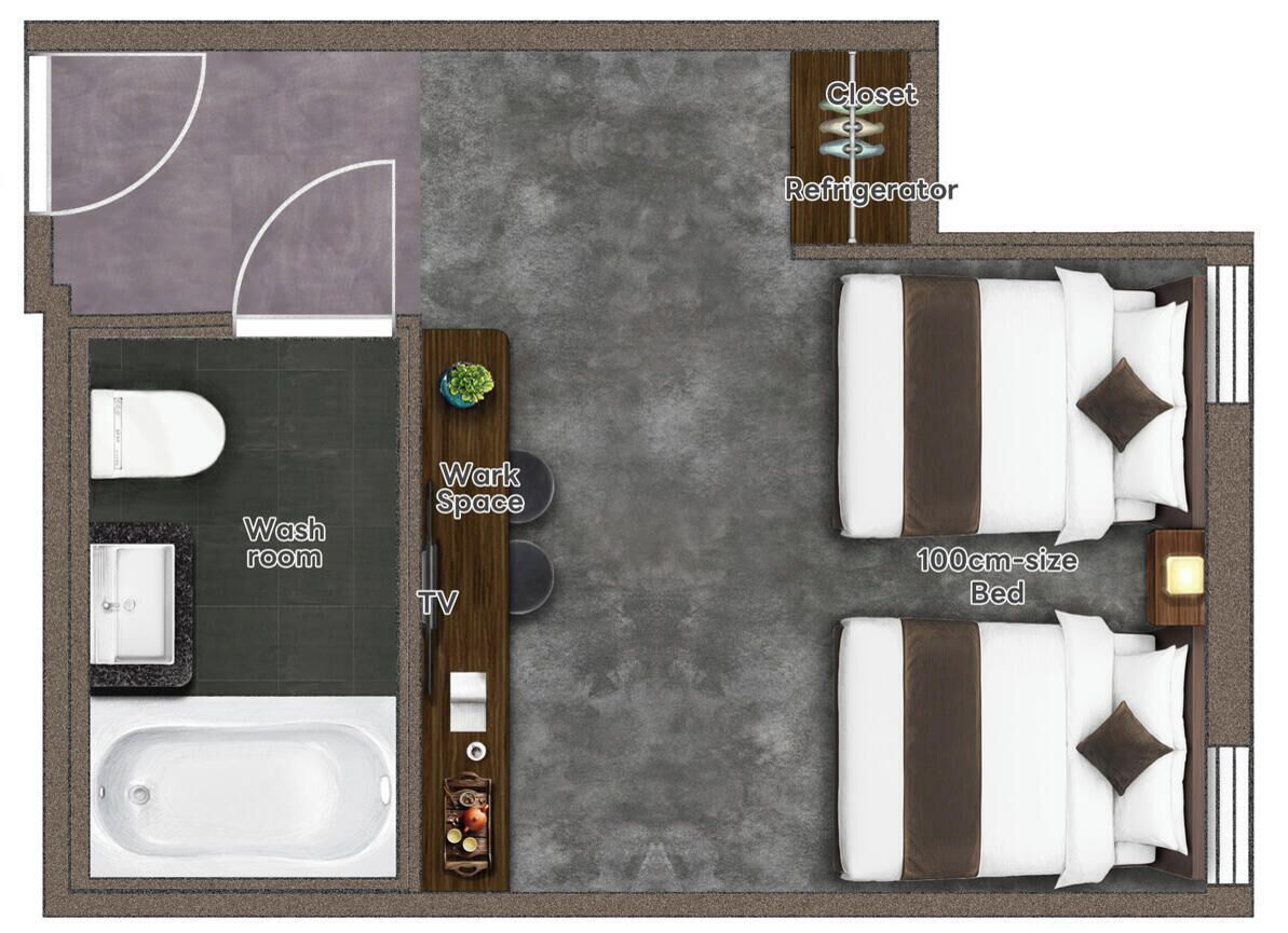 A 100cm-size bed, a work space, a TV, a washroom, and a closet.
