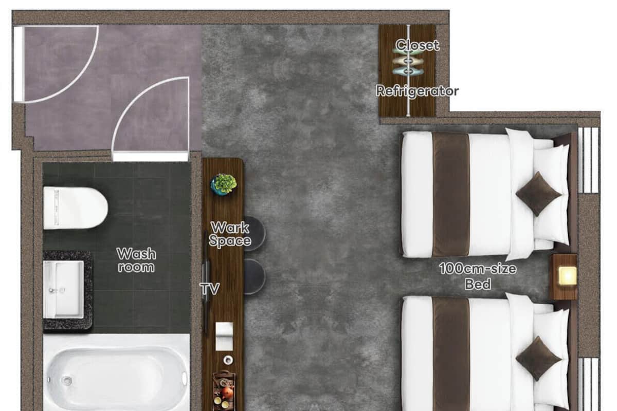 Cama de 100 centímetros, espacio de trabajo, televisor, baño y armario.