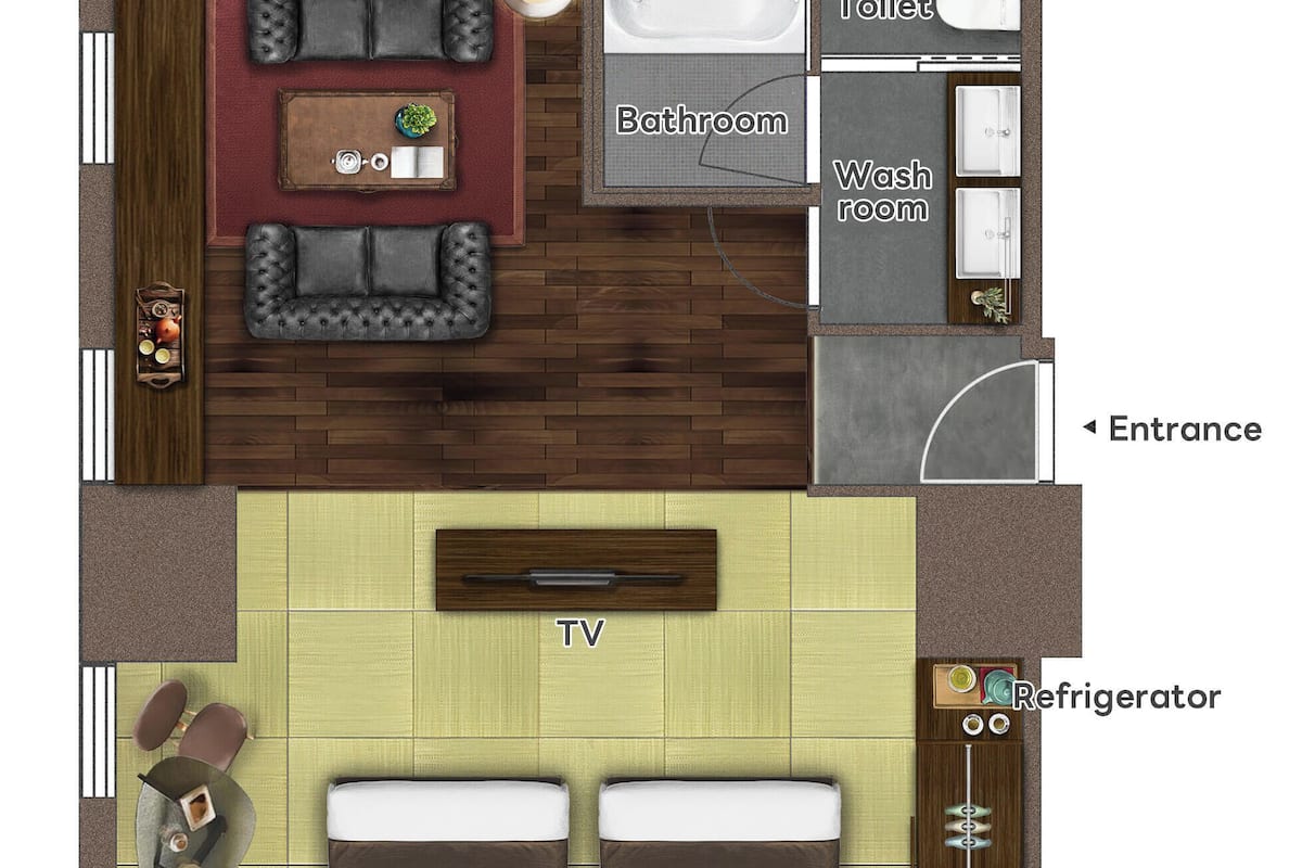 Cama de 140 cm, televisor, refrigerador, armario, baño y zona de estar con sofá y mesa.
