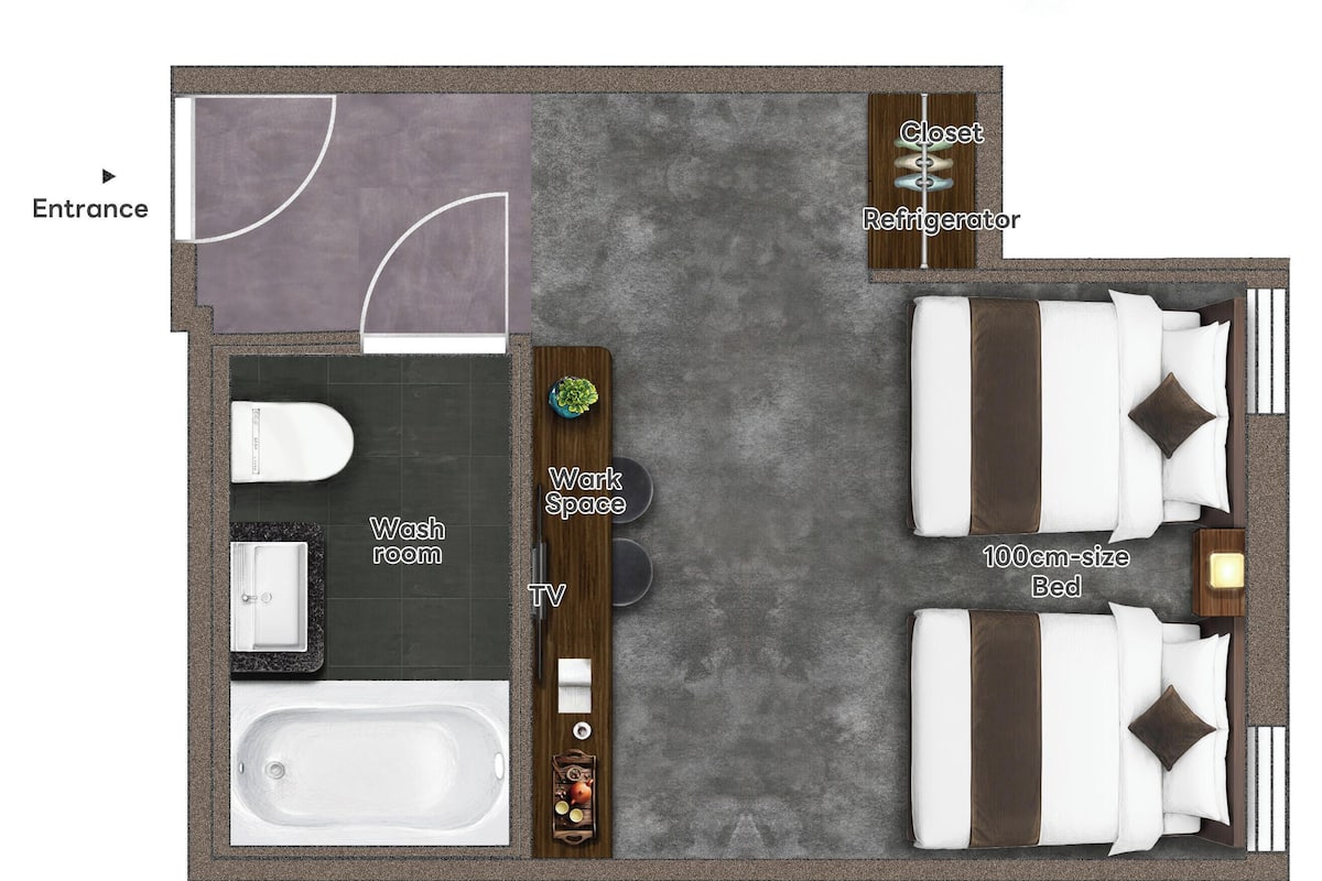 Distribución de una habitación de hotel que incluye baño, televisión, zona de trabajo, armario, refrigerador y dos camas.