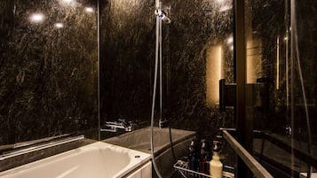 Separate tub and shower, free toiletries, hair dryer, slippers