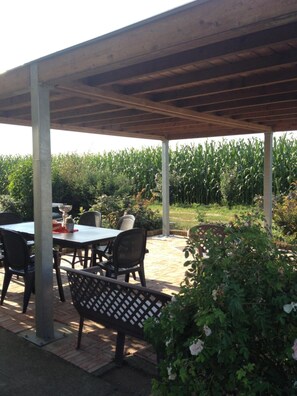 Un patio al aire libre con una mesa, sillas, un banco y vistas a un campo de maíz.