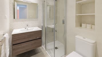 Shower, hair dryer, bidet, towels