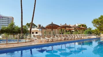 2 outdoor pools, open 10:00 AM to 6:00 PM, pool umbrellas, pool loungers