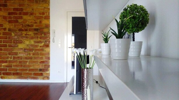 A modern interior with a brick wall, a white door, and a shelf with white pots and a small tree. - Habitacions Sant Pere Claver (Tarrega)