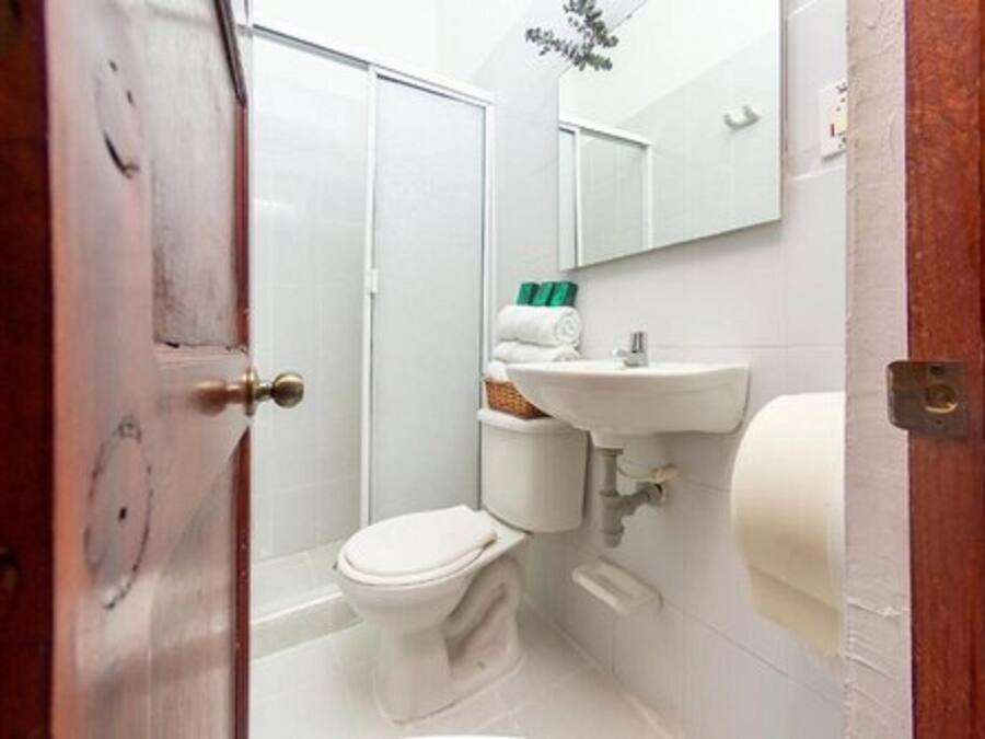 A bathroom with a toilet, sink, and mirror.