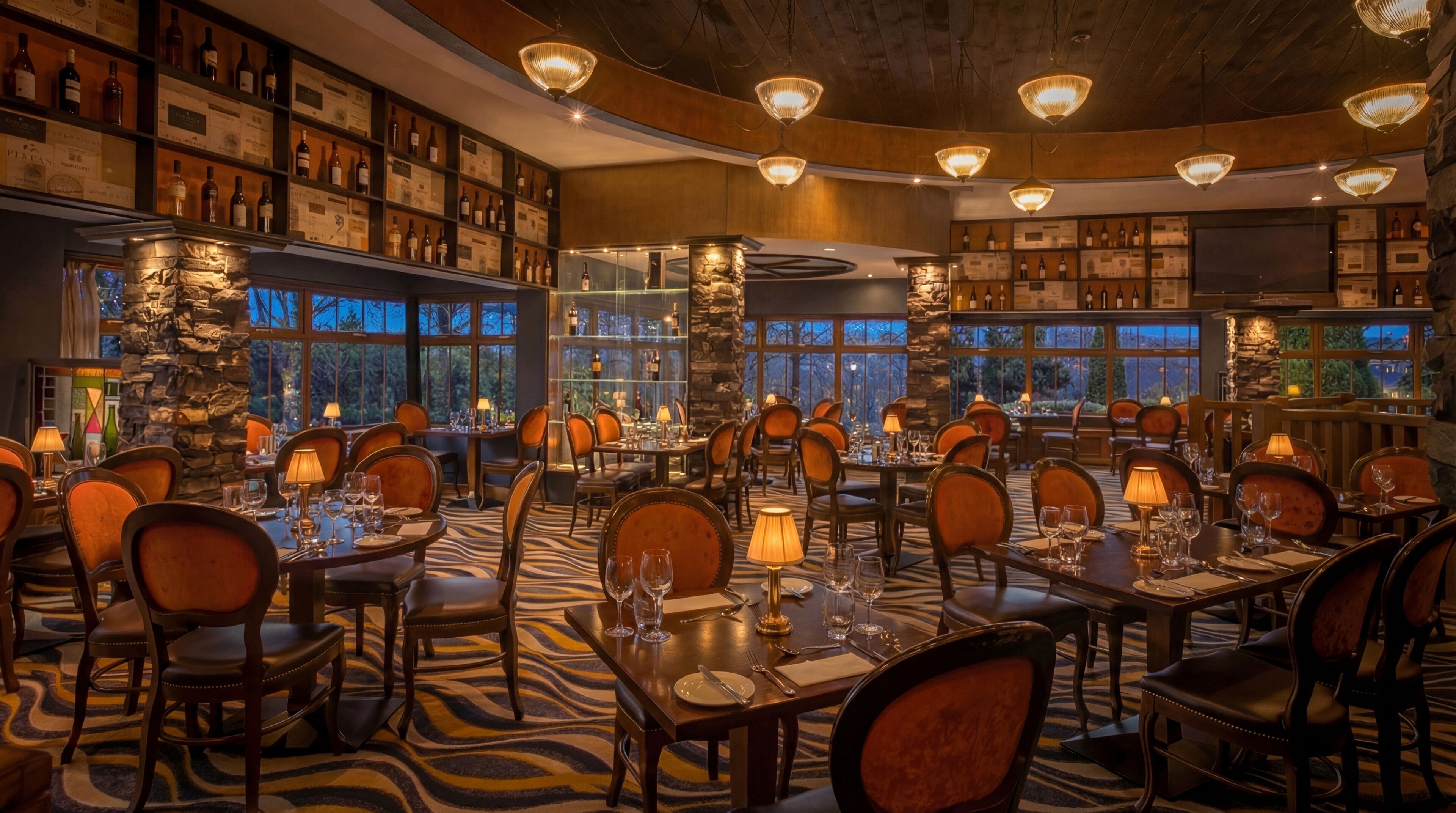 A restaurant with multiple tables, chairs, and wine bottles on shelves.