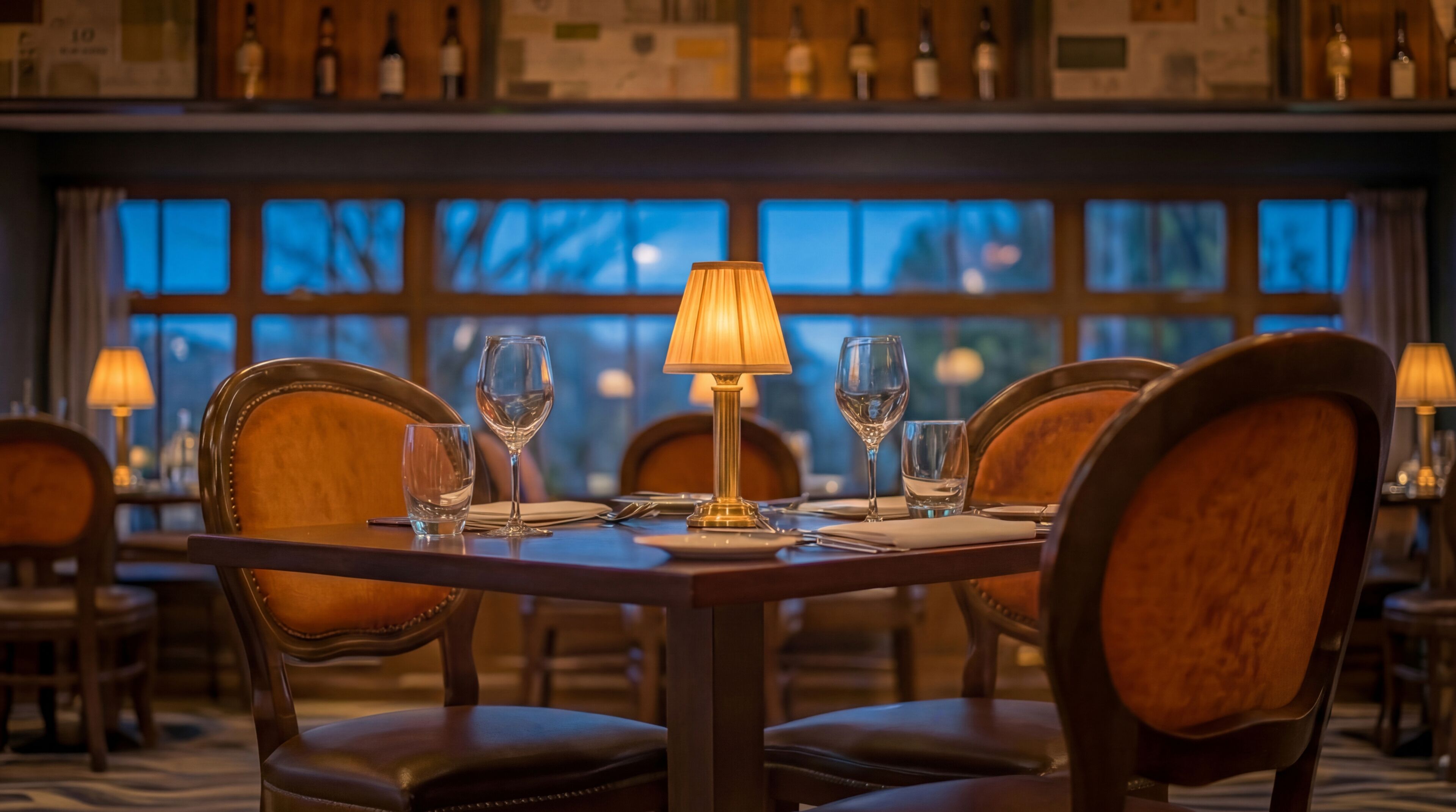 A restaurant interior with a table set for four, including wine glasses and a lamp.