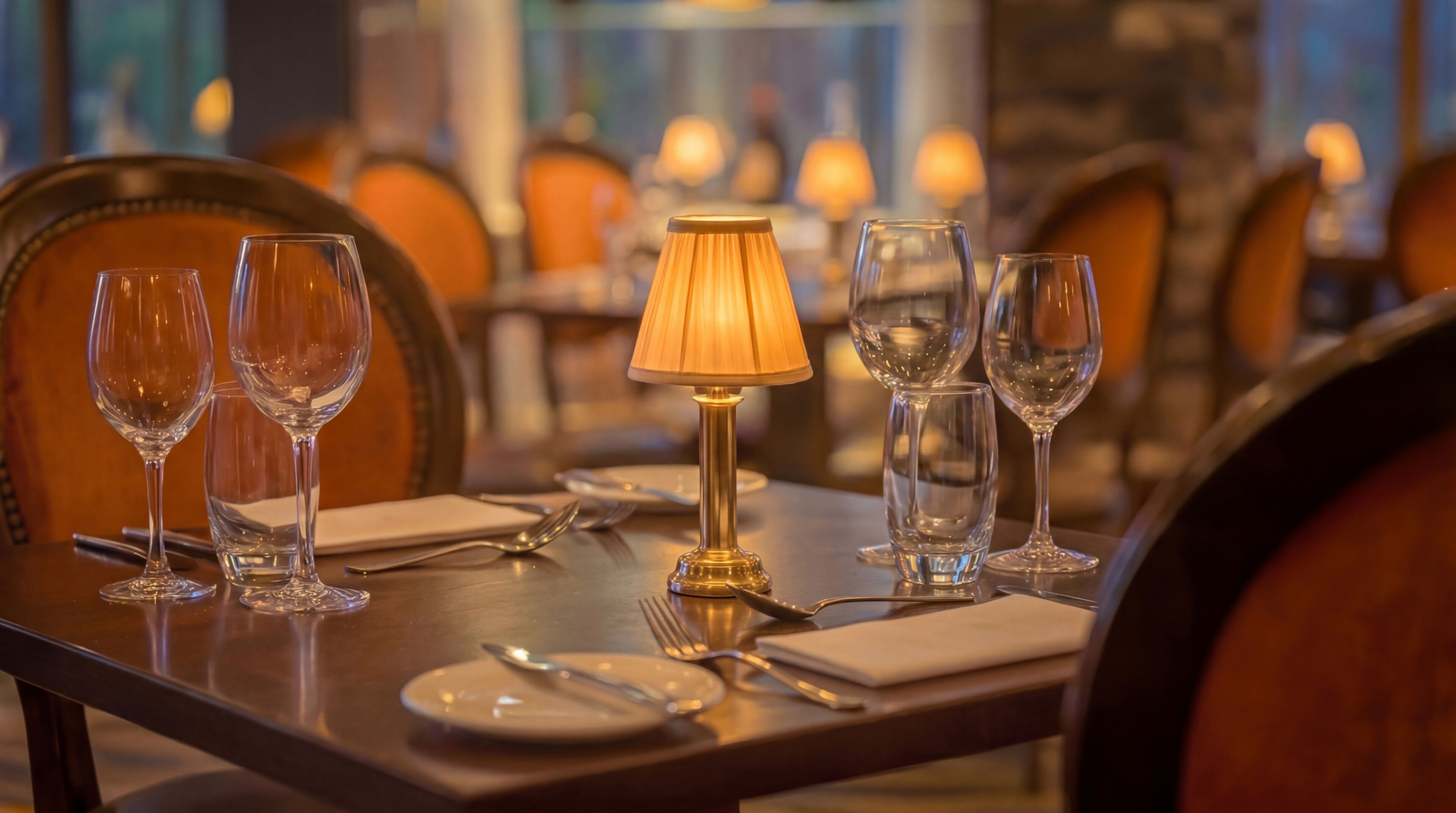 Una mesa de comedor con copas de vino, una lámpara y cubiertos en un restaurante.