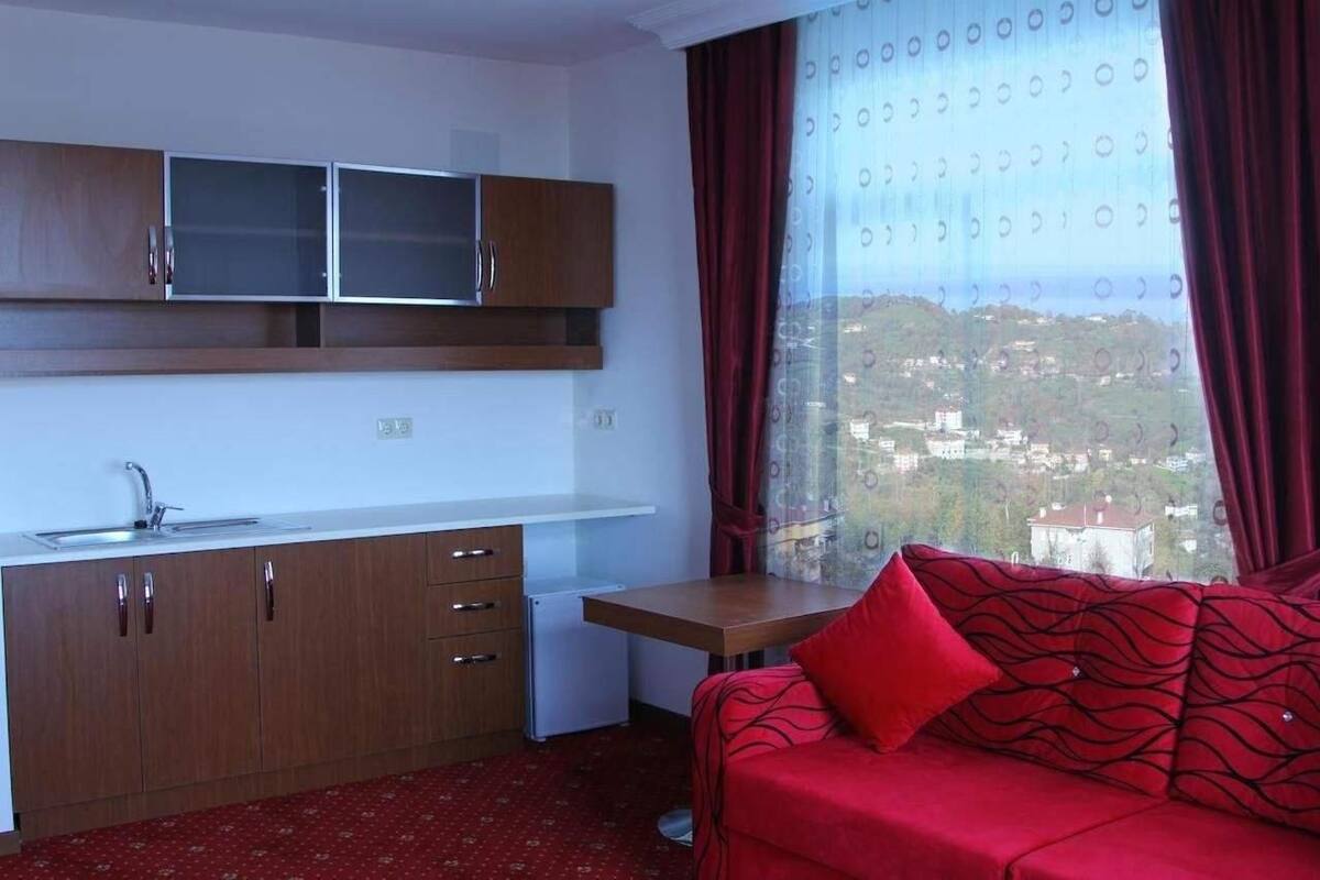 A compact room with a kitchenette, a red sofa, and a window with a view of a town.
