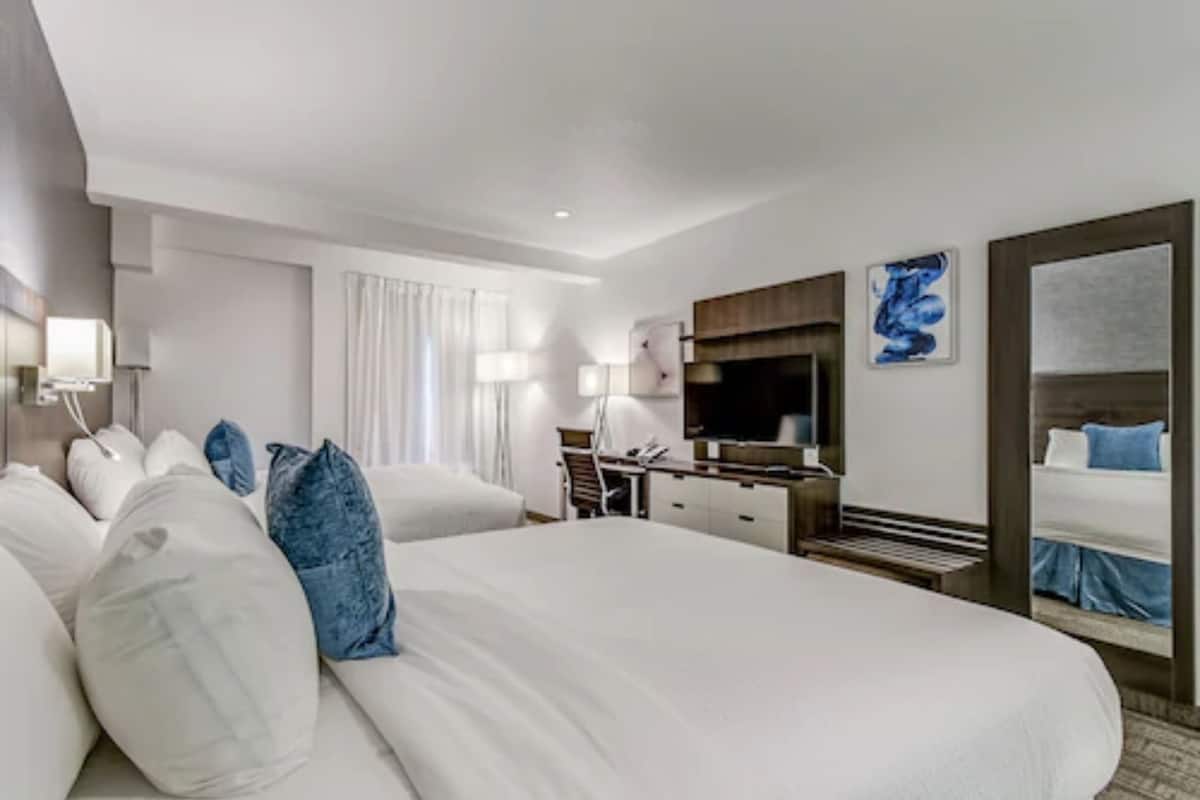 A hotel room with a large bed, a desk, a television, and a window with curtains.