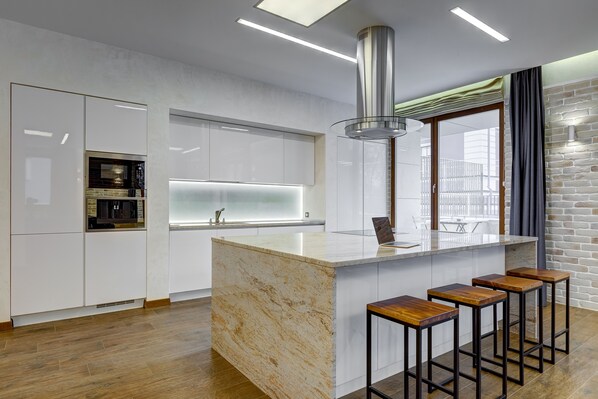 Luxury Suite | Private kitchen | Fridge, microwave, coffee/tea maker, high chair - Smolny Park Suite (St. Petersburg)