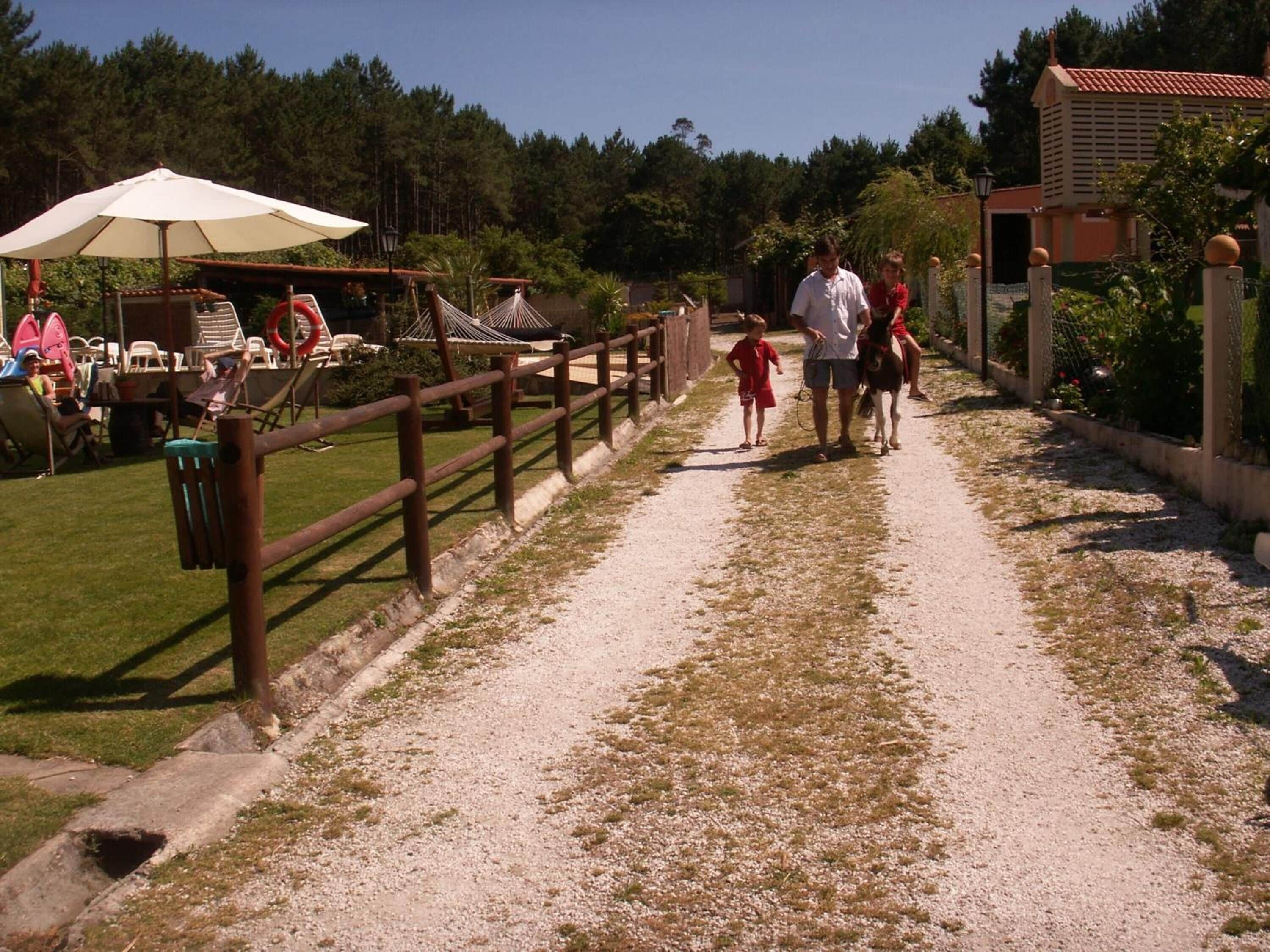 A gravel path with a wooden fence, surrounded by greenery and a building with a red roof.