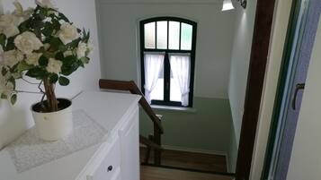 A small room with a window, a potted plant, a chair, and a staircase.