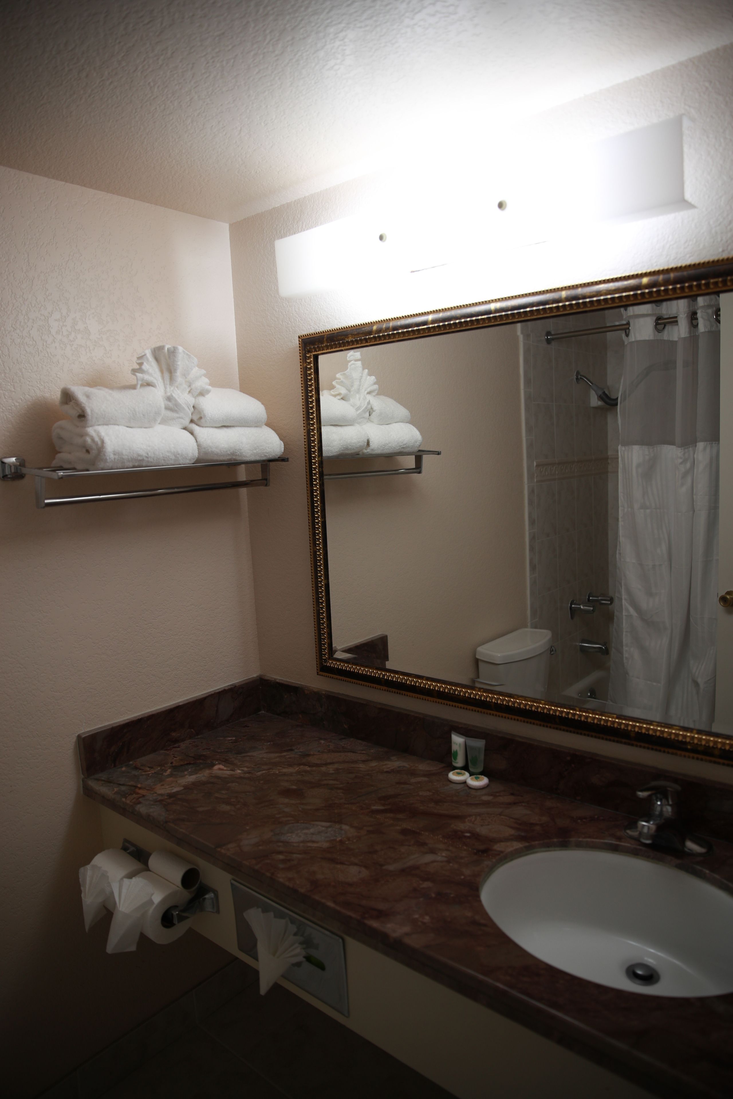 A bathroom with a marble countertop, a sink, a mirror with a gold frame, and towel racks.