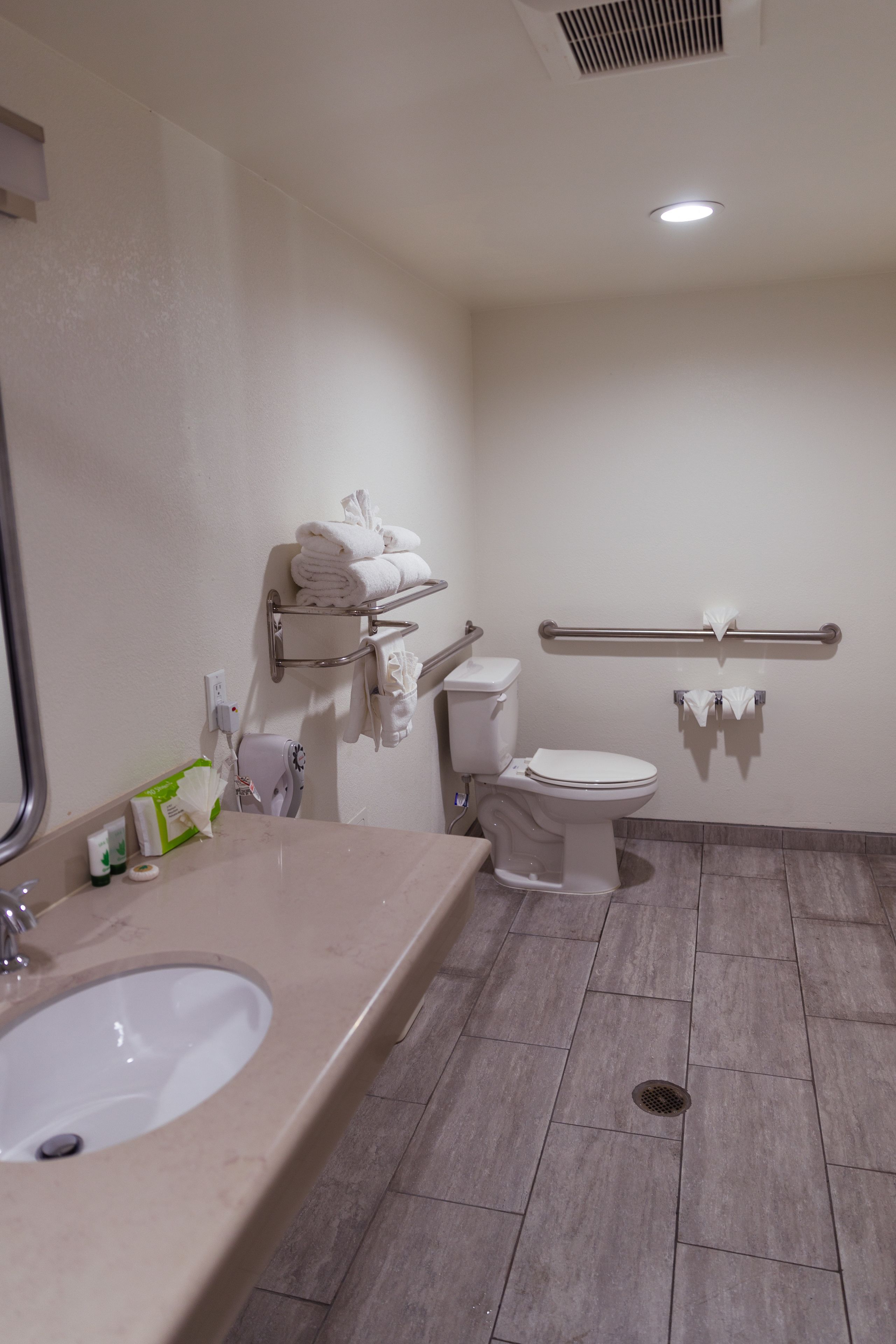 A bathroom with a sink, toilet, and towel rack.