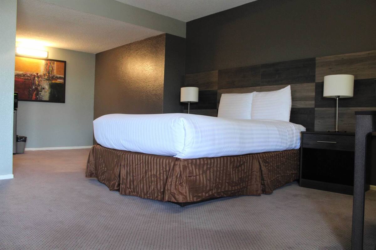 A hotel room with a large bed, a dark headboard, two bedside lamps, and a painting on the wall.
