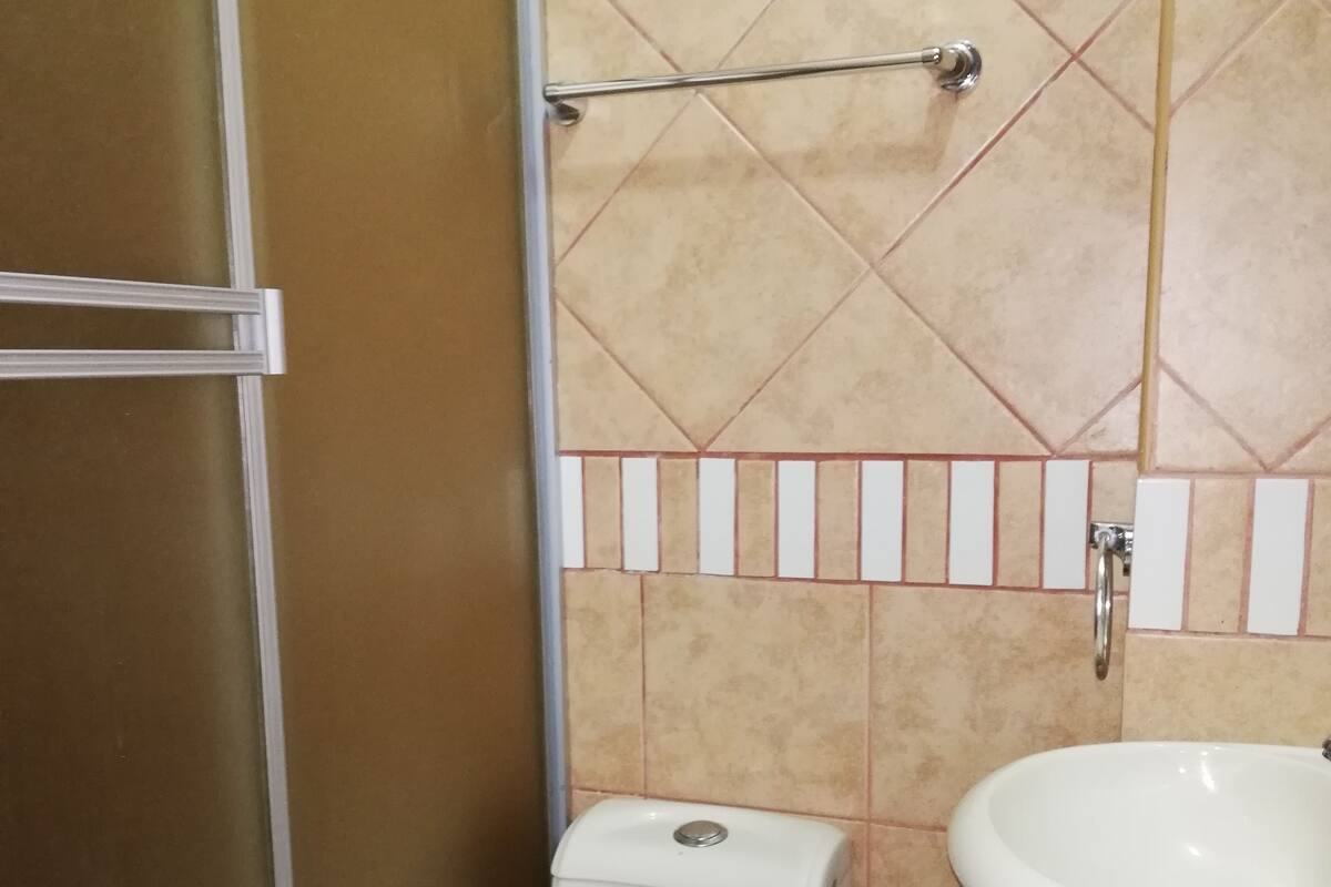 Shower, free toiletries, hair dryer, towels