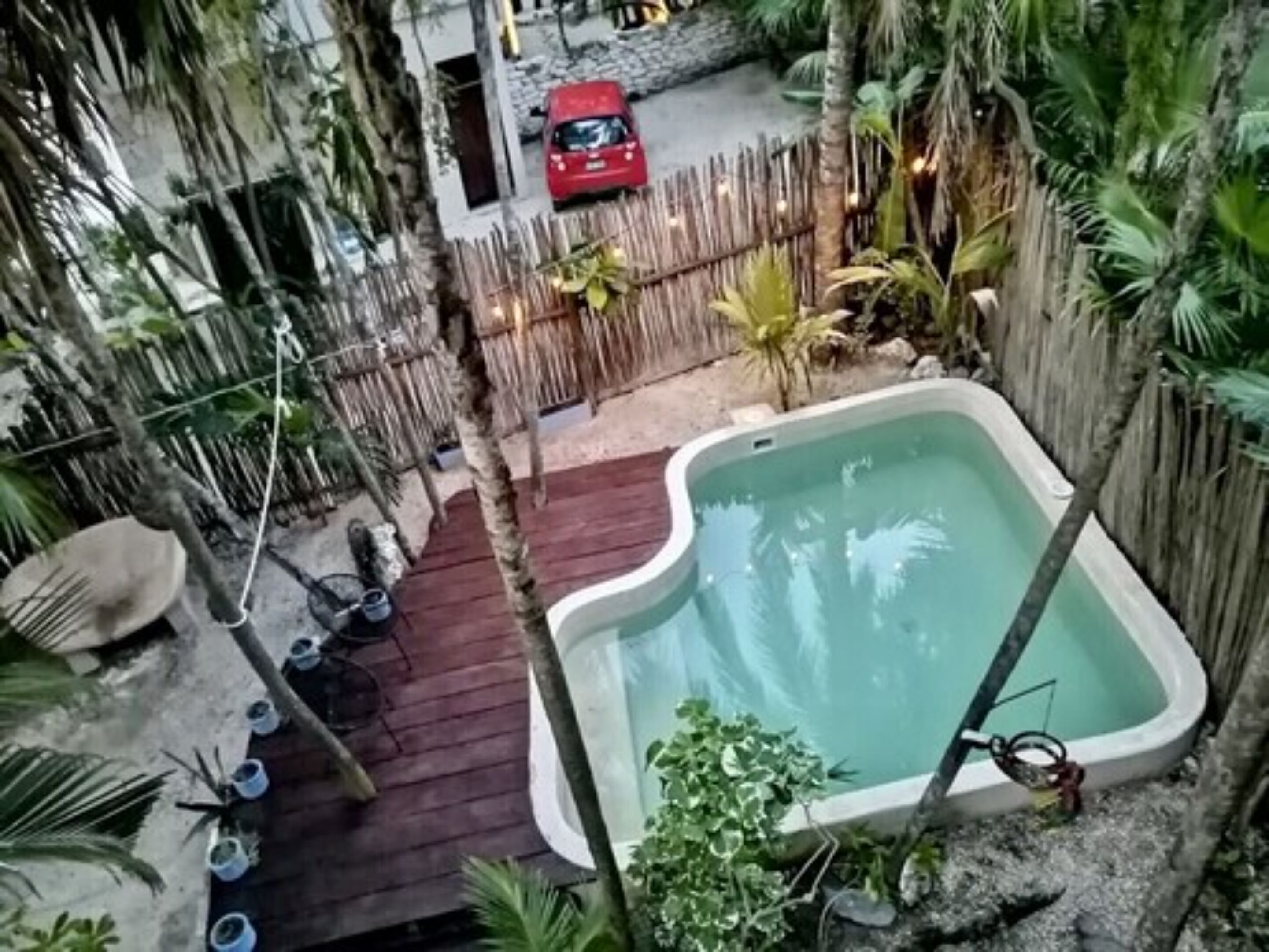 Una piscina pequeña y cerrada con terraza de madera y plantas tropicales alrededor.