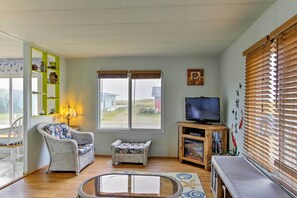 TV, DVD player, books, video library