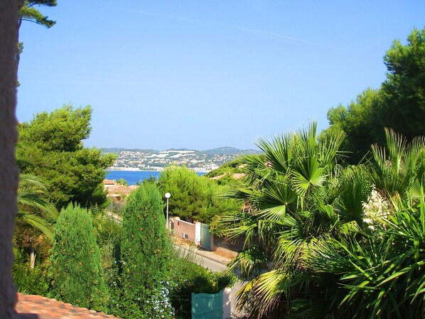 A coastal landscape with dense greenery, a clear blue sky, and a distant view of a town and sea.